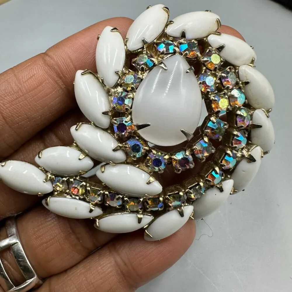 Vintage Milk Glass Rhinestone Brooch Silver Tone Aurora Borealis Swirl Statement